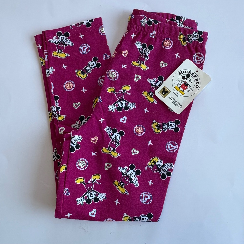 VTG Mickey & Co Disney Girls 5/6 Raspberry Pink Mickey Mouse Leggings Hearts NEW